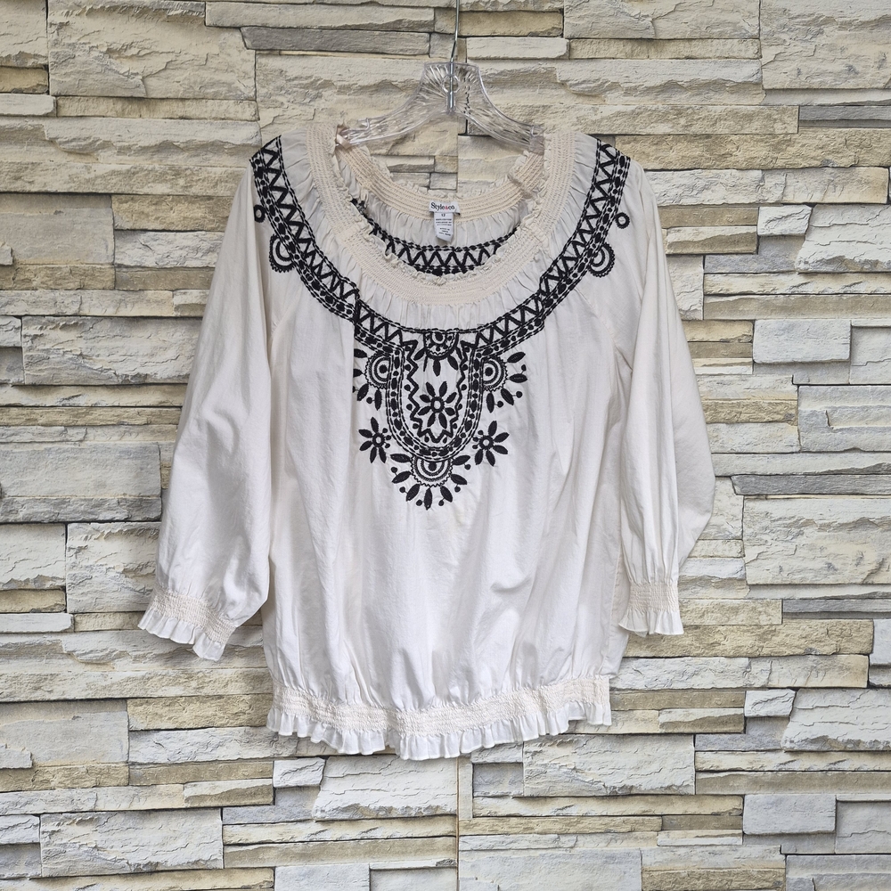 ​Style & Co. Blouse Women's Size 12 White Boho Embroidered Peasant Coastal